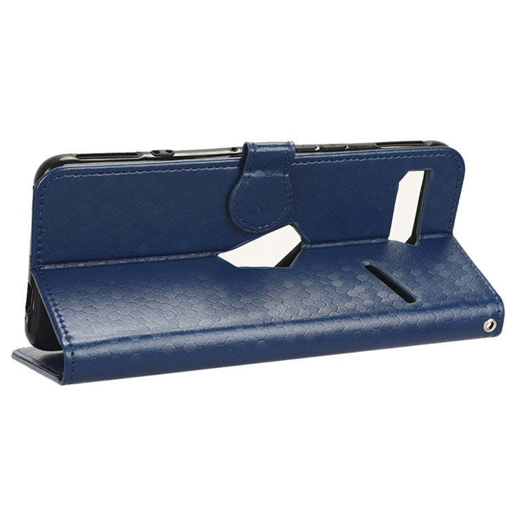 For Asus ROG Phone II ZS660KL PU Leather Flip Phone Cover Dot Pattern Imprinted Wallet Horizontal Stand Magnetic Phone Case with Strap - Dark Blue