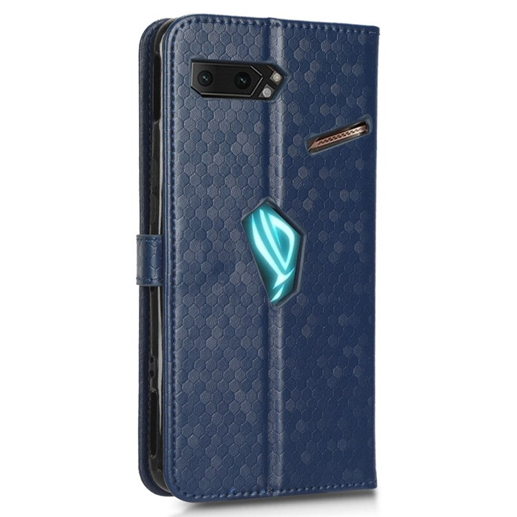 For Asus ROG Phone II ZS660KL PU Leather Flip Phone Cover Dot Pattern Imprinted Wallet Horizontal Stand Magnetic Phone Case with Strap - Dark Blue