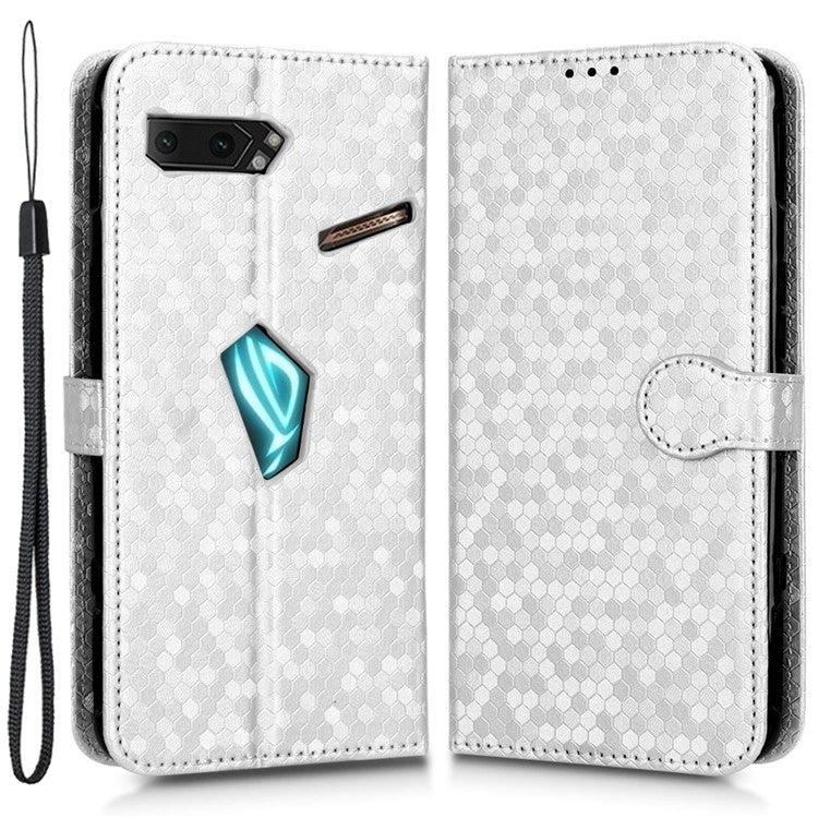 For Asus ROG Phone II ZS660KL PU Leather Flip Phone Cover Dot Pattern Imprinted Wallet Horizontal Stand Magnetic Phone Case with Strap - Silver