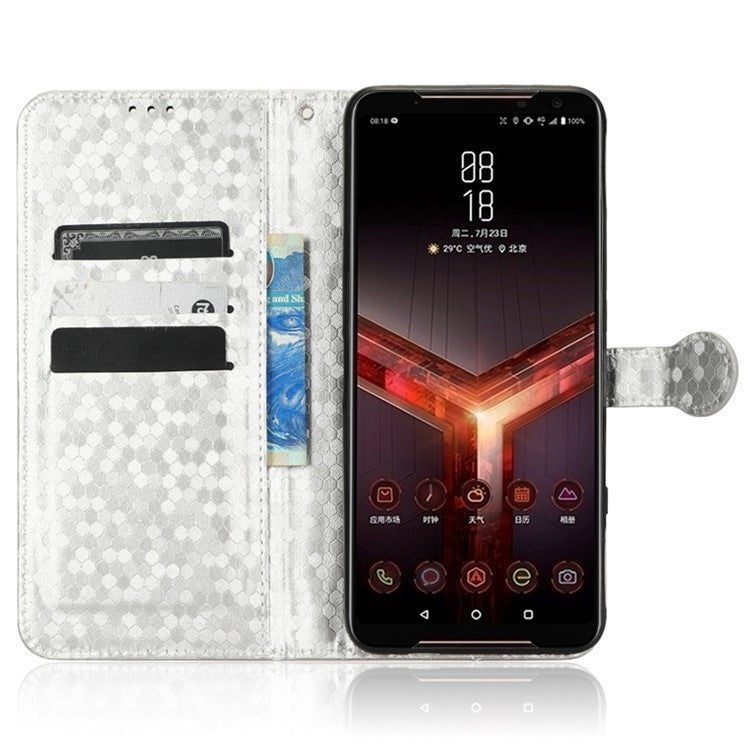 For Asus ROG Phone II ZS660KL PU Leather Flip Phone Cover Dot Pattern Imprinted Wallet Horizontal Stand Magnetic Phone Case with Strap - Silver