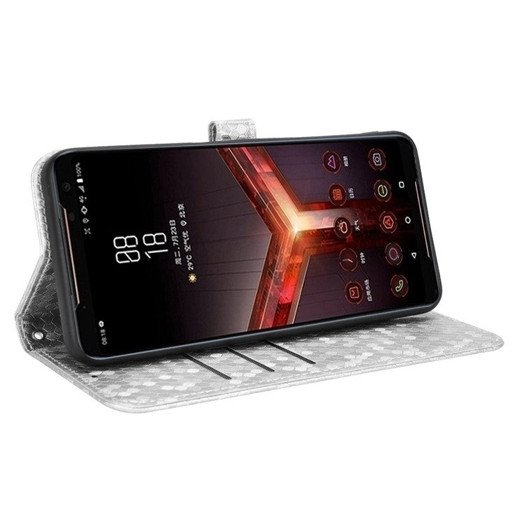 For Asus ROG Phone II ZS660KL PU Leather Flip Phone Cover Dot Pattern Imprinted Wallet Horizontal Stand Magnetic Phone Case with Strap - Silver