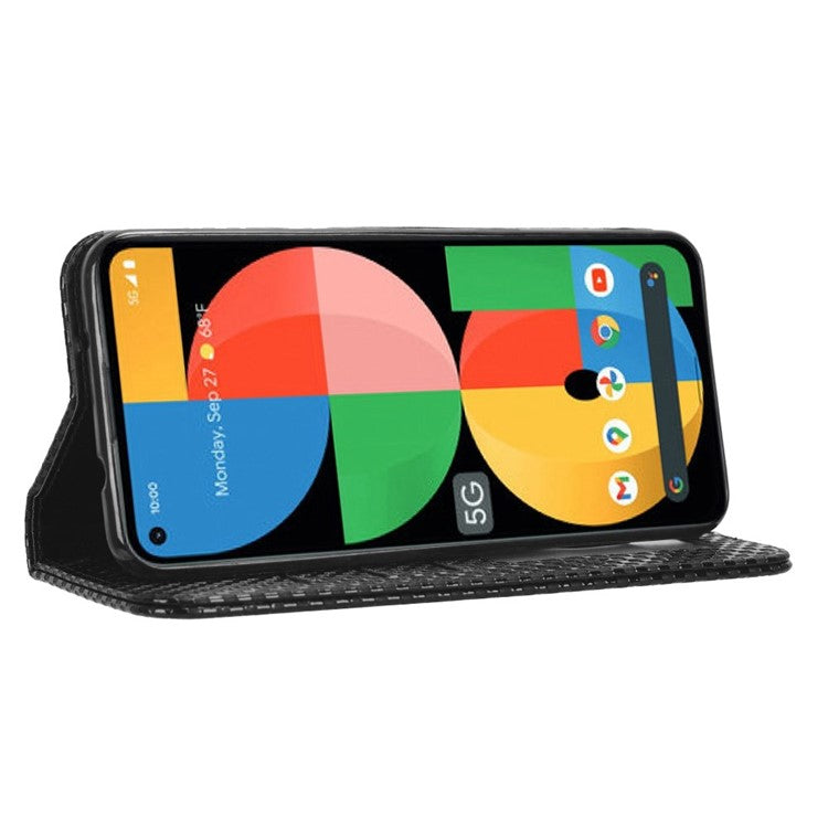 For Google Pixel 5a 5G Grid Texture Magnetic Auto-absorbed Phone Case PU Leather Wallet Stand Folio Flip Cover - Black