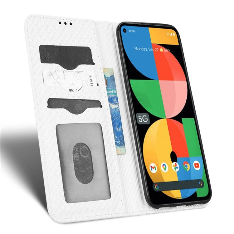 For Google Pixel 5a 5G Grid Texture Magnetic Auto-absorbed Phone Case PU Leather Wallet Stand Folio Flip Cover - White
