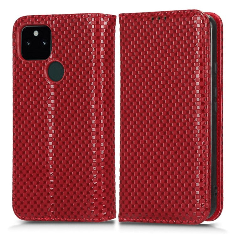 For Google Pixel 5a 5G Grid Texture Magnetic Auto-absorbed Phone Case PU Leather Wallet Stand Folio Flip Cover - Wine Red