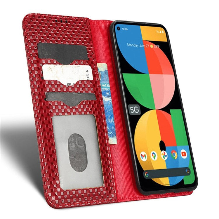 For Google Pixel 5a 5G Grid Texture Magnetic Auto-absorbed Phone Case PU Leather Wallet Stand Folio Flip Cover - Wine Red