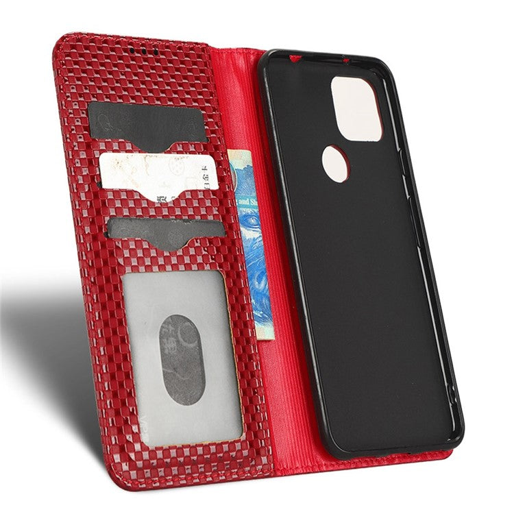 For Google Pixel 5a 5G Grid Texture Magnetic Auto-absorbed Phone Case PU Leather Wallet Stand Folio Flip Cover - Wine Red