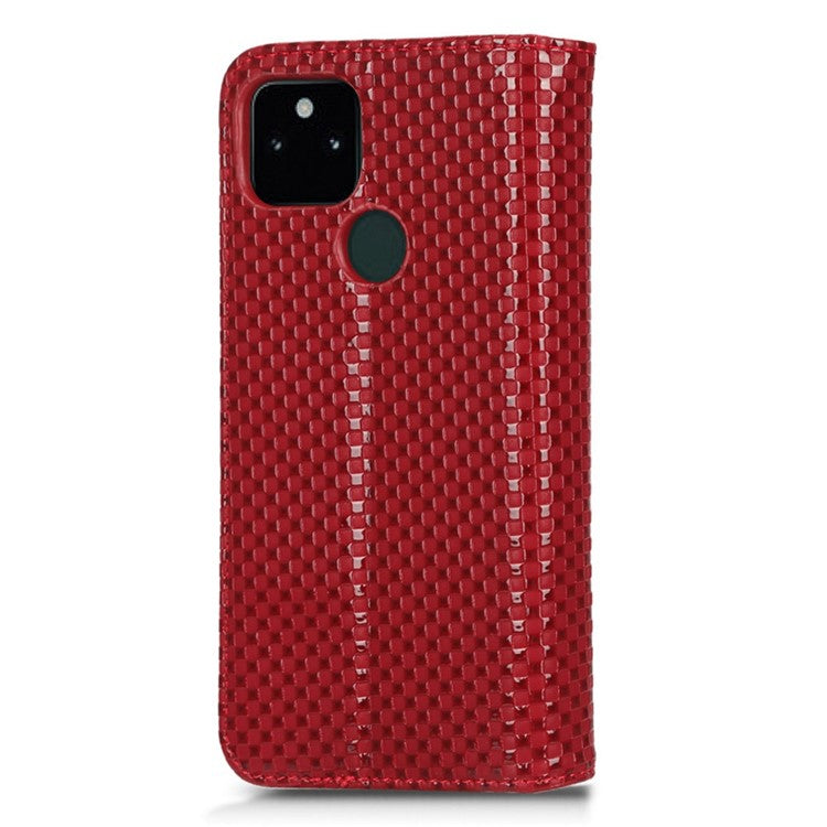 For Google Pixel 5a 5G Grid Texture Magnetic Auto-absorbed Phone Case PU Leather Wallet Stand Folio Flip Cover - Wine Red