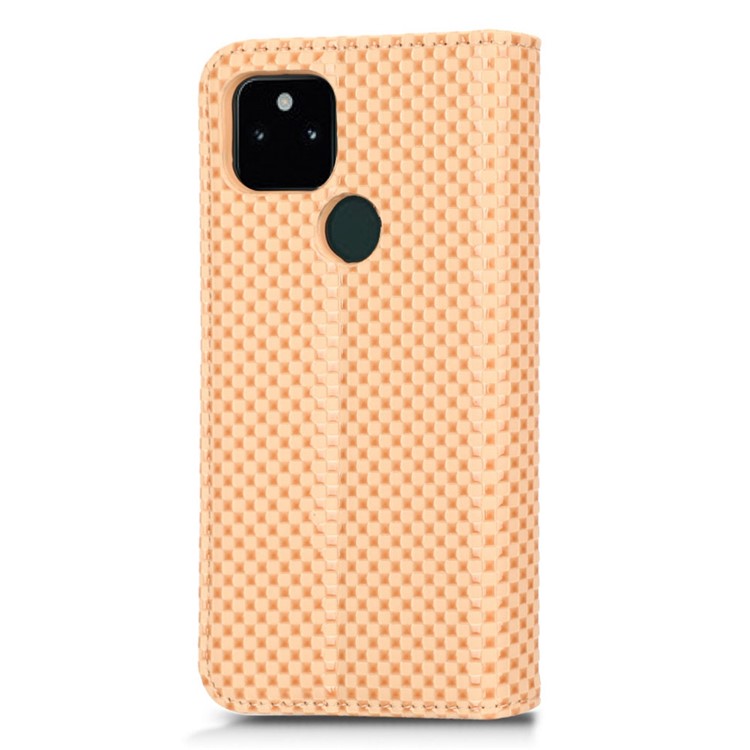 For Google Pixel 5a 5G Grid Texture Magnetic Auto-absorbed Phone Case PU Leather Wallet Stand Folio Flip Cover - Beige