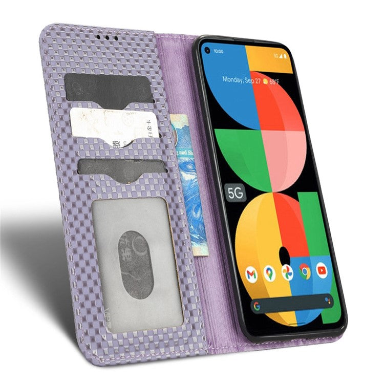 For Google Pixel 5a 5G Grid Texture Magnetic Auto-absorbed Phone Case PU Leather Wallet Stand Folio Flip Cover - Light Purple