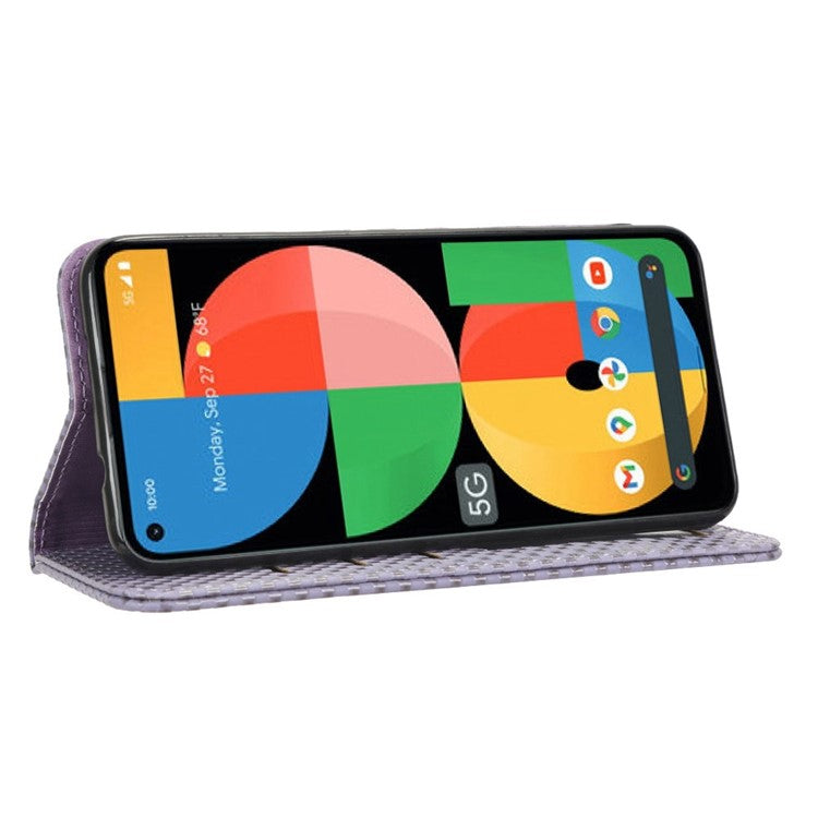 For Google Pixel 5a 5G Grid Texture Magnetic Auto-absorbed Phone Case PU Leather Wallet Stand Folio Flip Cover - Light Purple