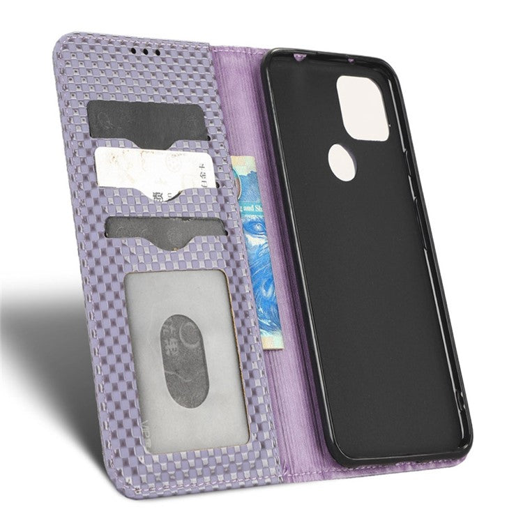 For Google Pixel 5a 5G Grid Texture Magnetic Auto-absorbed Phone Case PU Leather Wallet Stand Folio Flip Cover - Light Purple