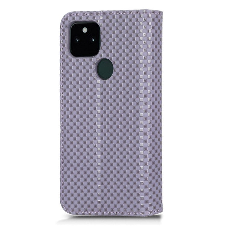 For Google Pixel 5a 5G Grid Texture Magnetic Auto-absorbed Phone Case PU Leather Wallet Stand Folio Flip Cover - Light Purple