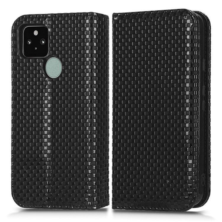 For Google Pixel 5 Grid Texture Shockproof Phone Cover PU Leather Magnetic Auto Phone Closing Case with Wallet Stand - Black