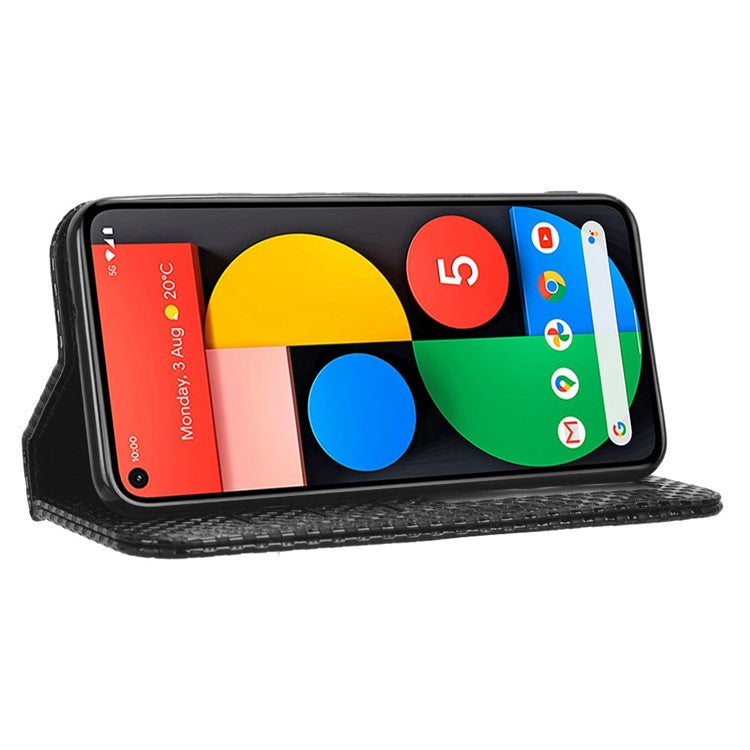 For Google Pixel 5 Grid Texture Shockproof Phone Cover PU Leather Magnetic Auto Phone Closing Case with Wallet Stand - Black