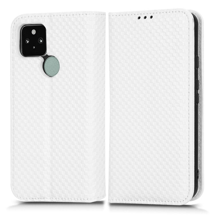 For Google Pixel 5 Grid Texture Shockproof Phone Cover PU Leather Magnetic Auto Phone Closing Case with Wallet Stand - White