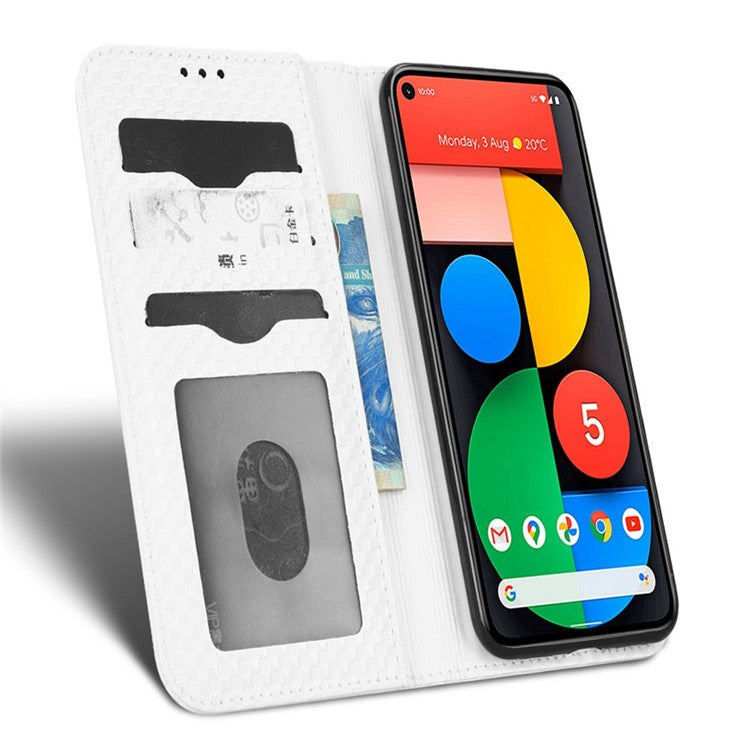 For Google Pixel 5 Grid Texture Shockproof Phone Cover PU Leather Magnetic Auto Phone Closing Case with Wallet Stand - White