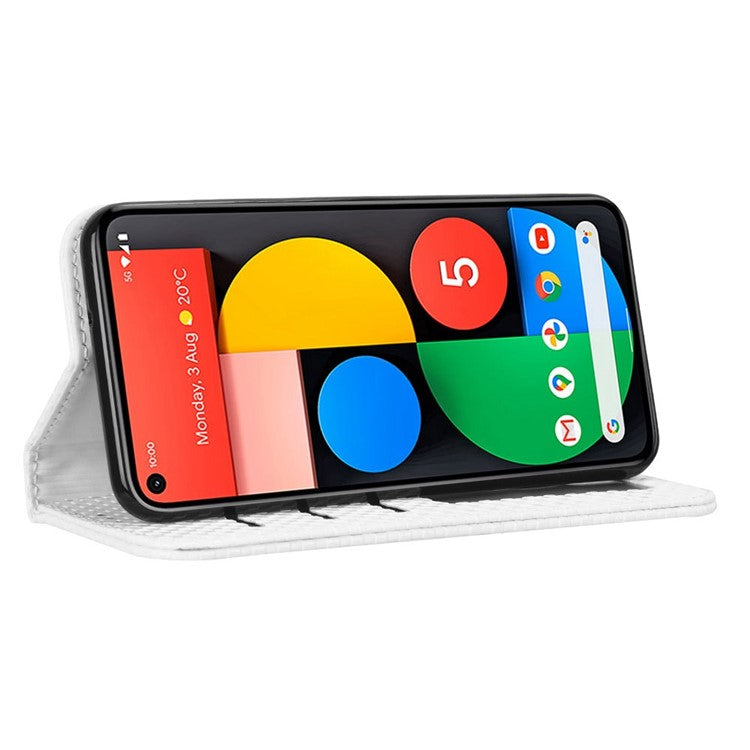 For Google Pixel 5 Grid Texture Shockproof Phone Cover PU Leather Magnetic Auto Phone Closing Case with Wallet Stand - White