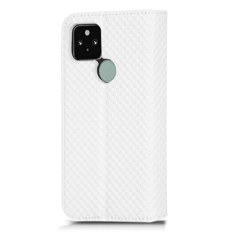 For Google Pixel 5 Grid Texture Shockproof Phone Cover PU Leather Magnetic Auto Phone Closing Case with Wallet Stand - White
