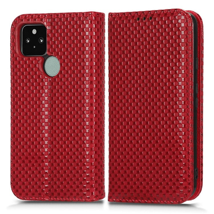 For Google Pixel 5 Grid Texture Shockproof Phone Cover PU Leather Magnetic Auto Phone Closing Case with Wallet Stand - Wine Red