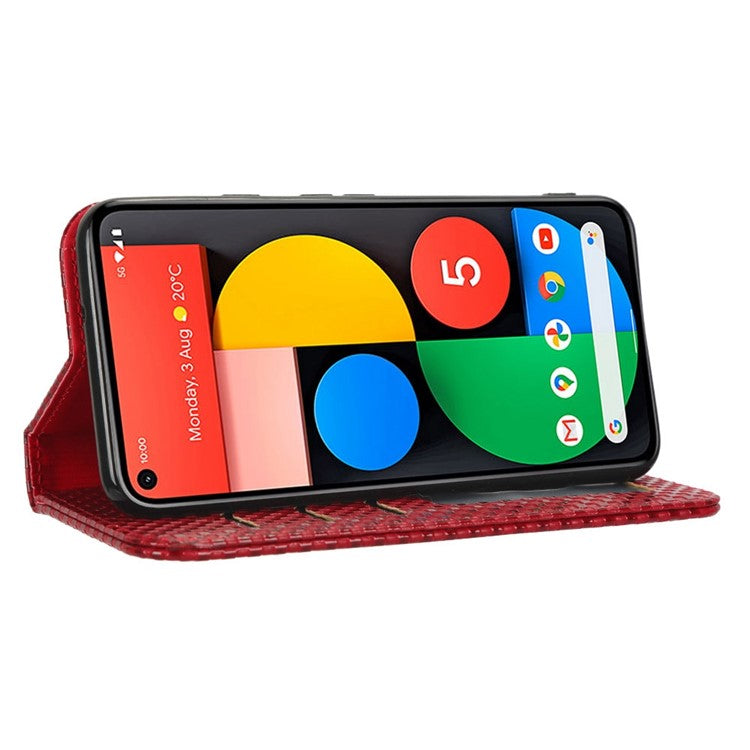 For Google Pixel 5 Grid Texture Shockproof Phone Cover PU Leather Magnetic Auto Phone Closing Case with Wallet Stand - Wine Red