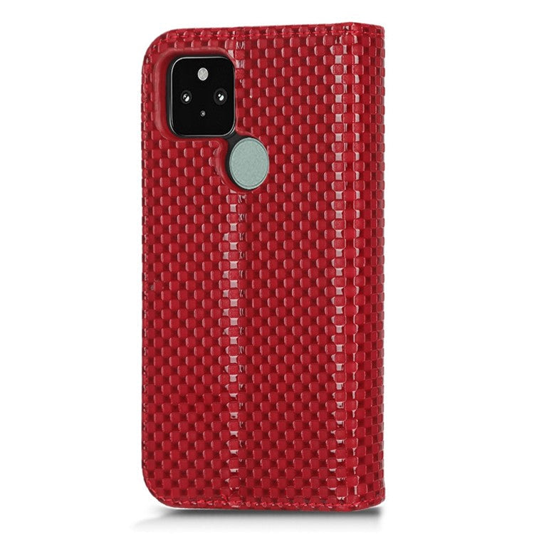 For Google Pixel 5 Grid Texture Shockproof Phone Cover PU Leather Magnetic Auto Phone Closing Case with Wallet Stand - Wine Red