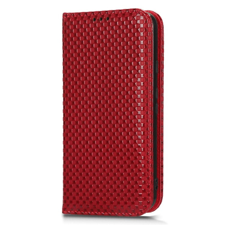 For Google Pixel 5 Grid Texture Shockproof Phone Cover PU Leather Magnetic Auto Phone Closing Case with Wallet Stand - Wine Red