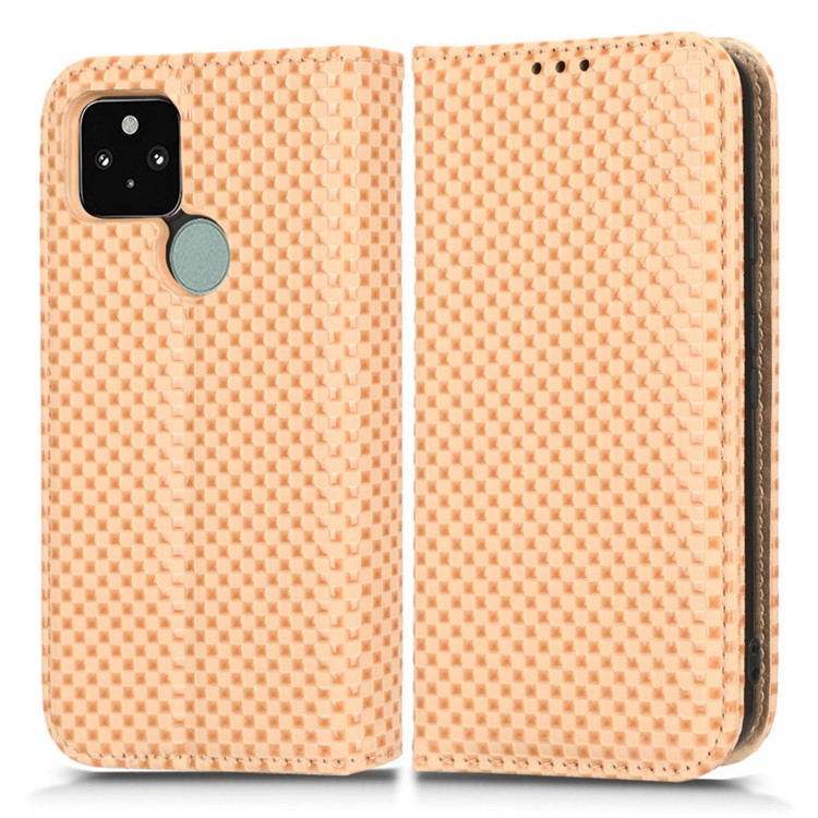 For Google Pixel 5 Grid Texture Shockproof Phone Cover PU Leather Magnetic Auto Phone Closing Case with Wallet Stand - Beige