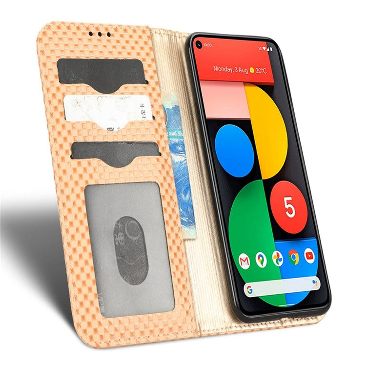 For Google Pixel 5 Grid Texture Shockproof Phone Cover PU Leather Magnetic Auto Phone Closing Case with Wallet Stand - Beige