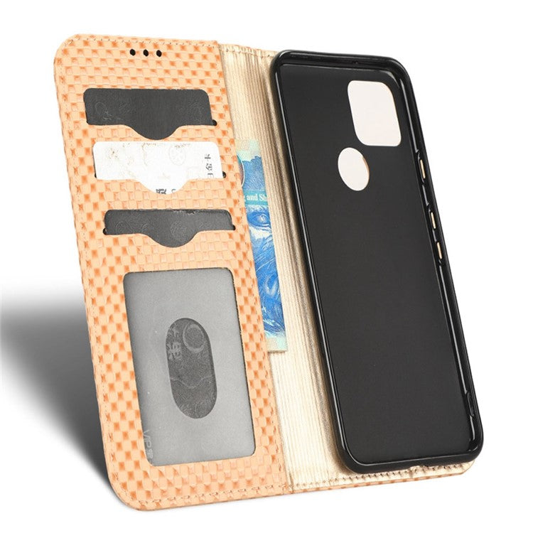 For Google Pixel 5 Grid Texture Shockproof Phone Cover PU Leather Magnetic Auto Phone Closing Case with Wallet Stand - Beige