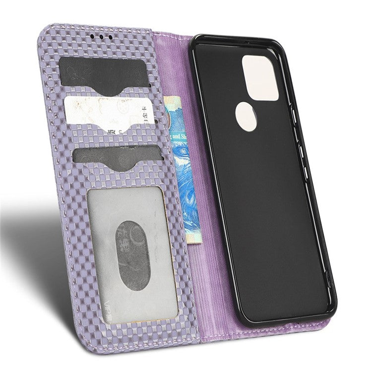 For Google Pixel 5 Grid Texture Shockproof Phone Cover PU Leather Magnetic Auto Phone Closing Case with Wallet Stand - Light Purple