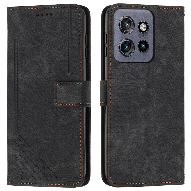 For Motorola Edge 50 Neo 5G / Moto S50 5G / Thinkphone 25 5G Case Imprinted Lines Leather Phone Cover Folding Stand - Black