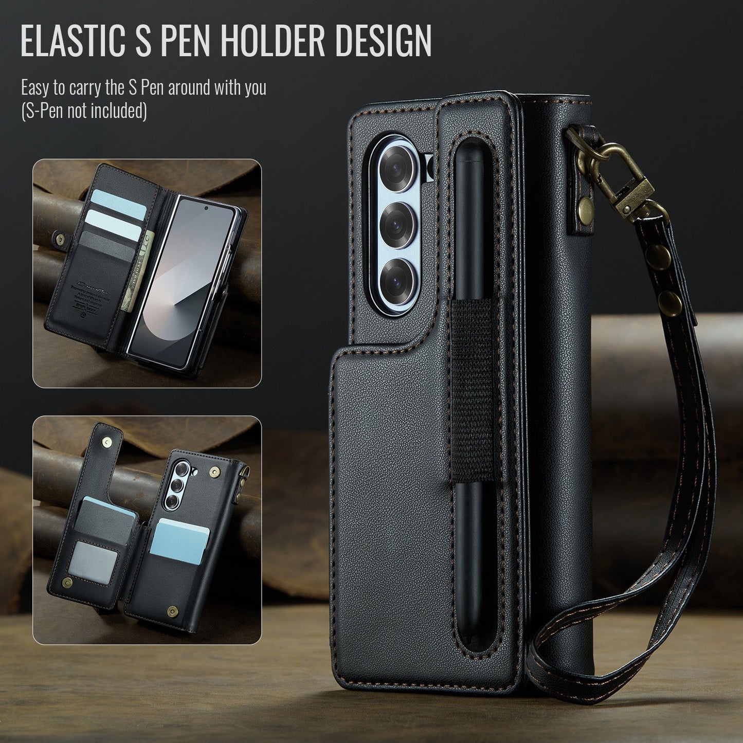 For Samsung Galaxy Z Fold6 5G Case CASEME C22 Series Leather+TPU Cover RFID Blocking 7 Card Slots - Black