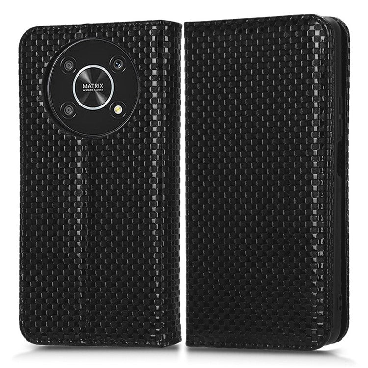 For Honor X9 5G / X30 5G / Magic4 Lite 5G Wallet Stand Grid Texture Phone Case PU Leather Magnetic Auto-absorbed Anti-drop Cover - Black