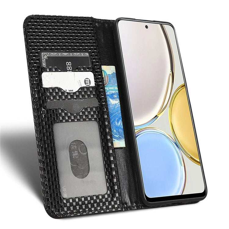 For Honor X9 5G / X30 5G / Magic4 Lite 5G Wallet Stand Grid Texture Phone Case PU Leather Magnetic Auto-absorbed Anti-drop Cover - Black