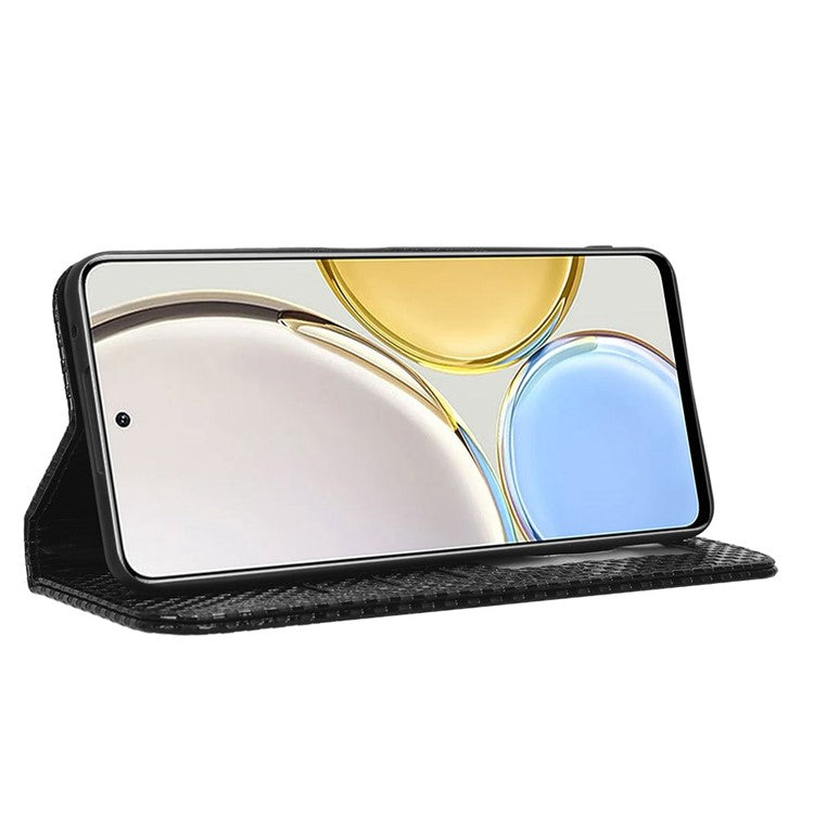 For Honor X9 5G / X30 5G / Magic4 Lite 5G Wallet Stand Grid Texture Phone Case PU Leather Magnetic Auto-absorbed Anti-drop Cover - Black