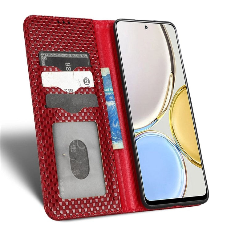 For Honor X9 5G / X30 5G / Magic4 Lite 5G Wallet Stand Grid Texture Phone Case PU Leather Magnetic Auto-absorbed Anti-drop Cover - Wine Red