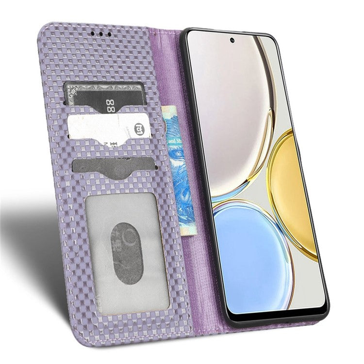 For Honor X9 5G / X30 5G / Magic4 Lite 5G Wallet Stand Grid Texture Phone Case PU Leather Magnetic Auto-absorbed Anti-drop Cover - Light Purple