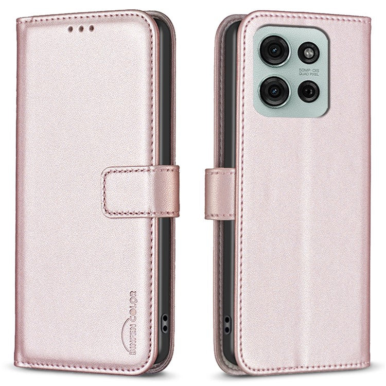 BINFEN COLOR BF17 For Motorola Moto G75 5G Case Wallet Folio Flip Leather Cover - Rose Gold