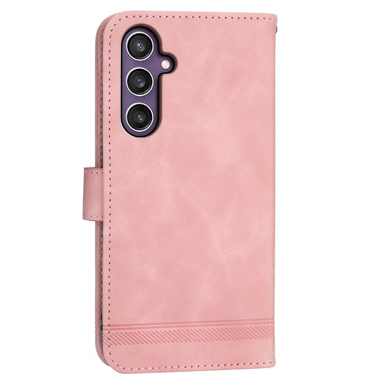 DIERFENG DF-03 For Samsung Galaxy S25 Leather Case Lines Imprint Wallet Phone Cover - Pink