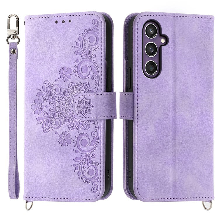 For Samsung Galaxy S25 Case Flower Pattern PU Leather Wallet Phone Cover with Strap - Light Purple