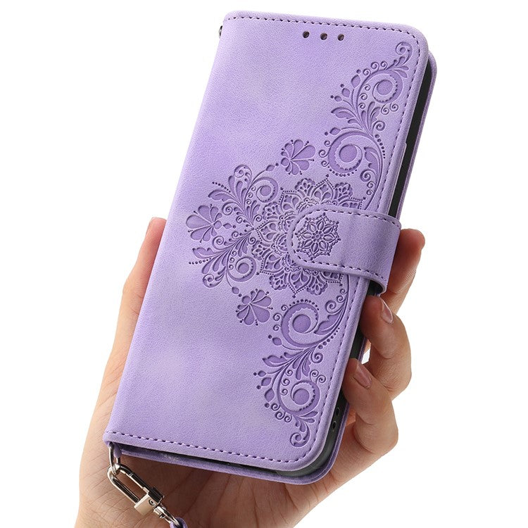 For Samsung Galaxy S25 Case Flower Pattern PU Leather Wallet Phone Cover with Strap - Light Purple