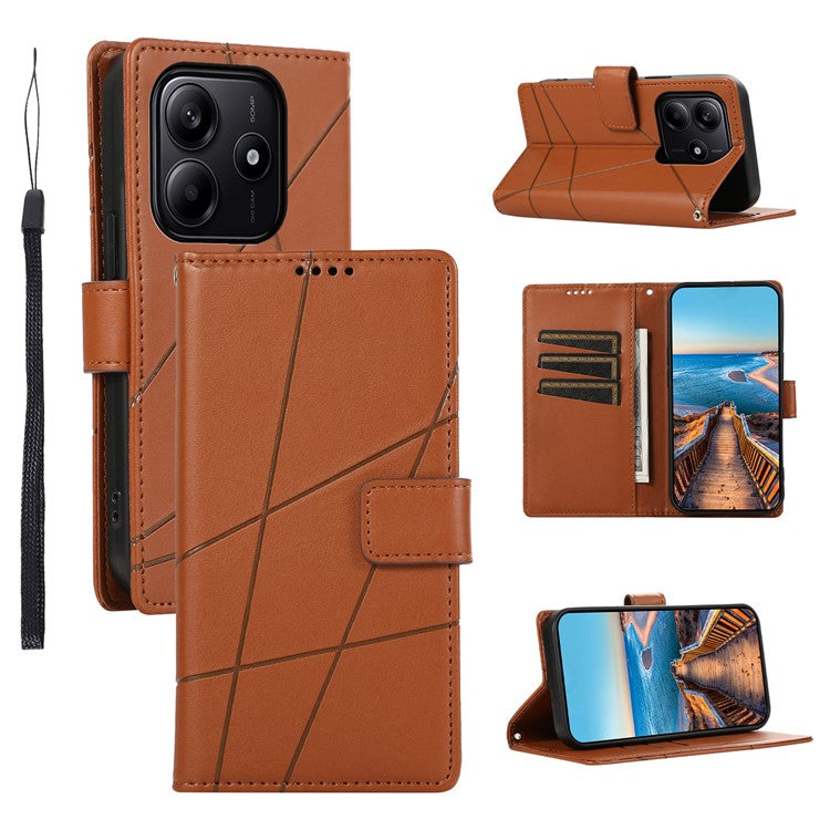 DF-06 For Xiaomi Redmi Note 14 5G / 14 4G Phone Case Line Imprint Leather Wallet Cover - Brown