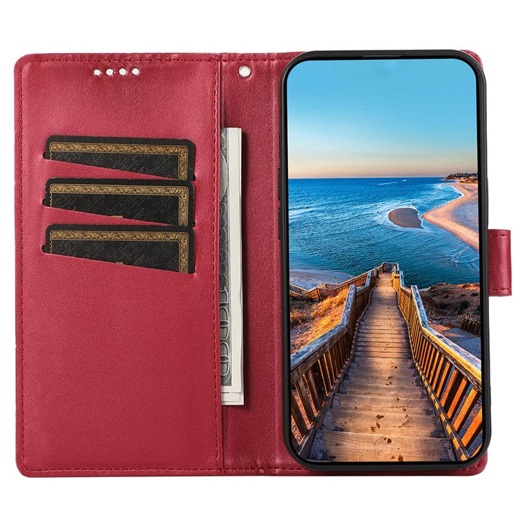 DF-06 For Xiaomi Redmi Note 14 5G / 14 4G Phone Case Line Imprint Leather Wallet Cover - Red