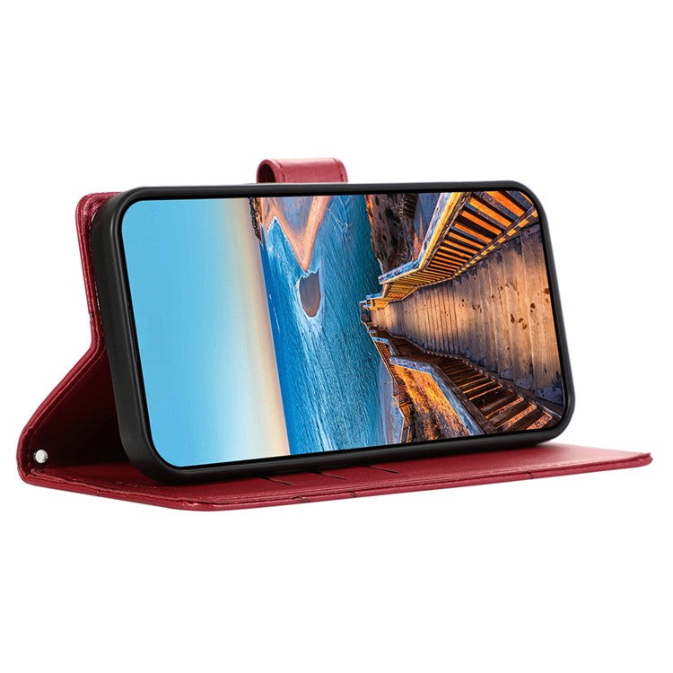 DF-06 For Xiaomi Redmi Note 14 5G / 14 4G Phone Case Line Imprint Leather Wallet Cover - Red