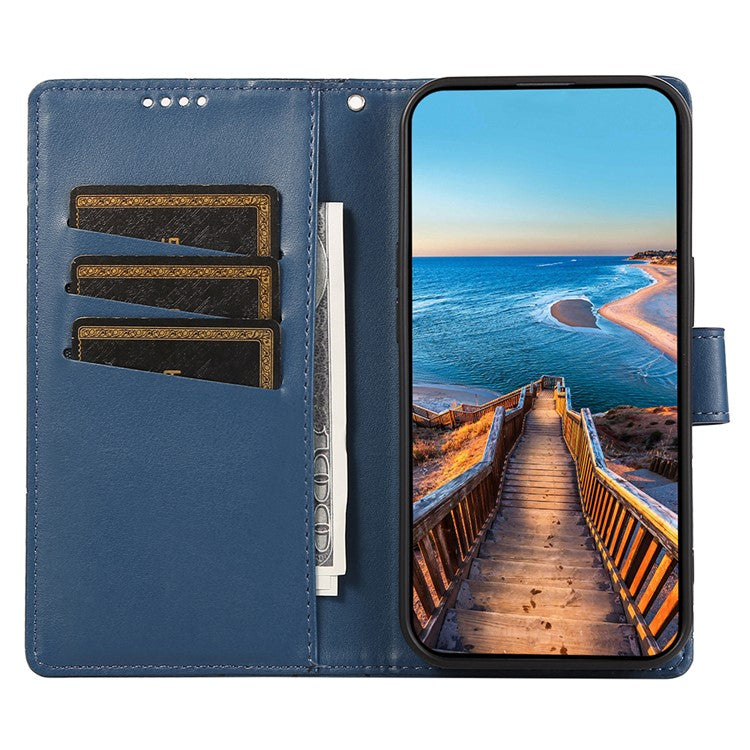 DF-06 For Xiaomi Redmi Note 14 5G / 14 4G Phone Case Line Imprint Leather Wallet Cover - Blue