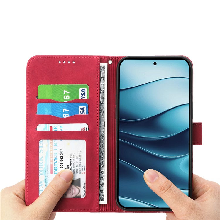 DIERFENG DF-03 For Xiaomi Redmi Note 14 5G / 14 4G Leather Case Lines Imprint Wallet Phone Cover - Red