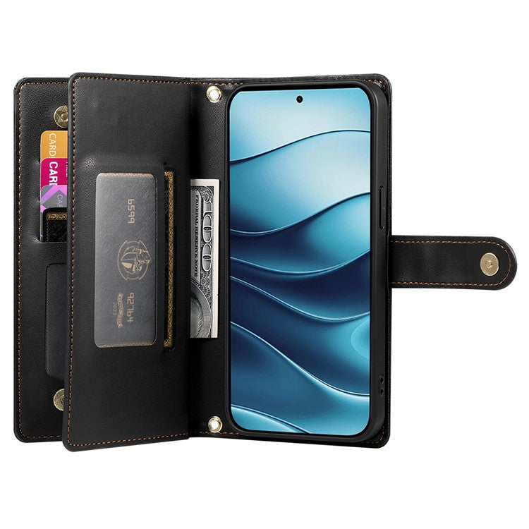 DF-011 For Xiaomi Redmi Note 14 5G / 14 4G Case Zipper Pocket Wallet Leather Phone Cover with Straps - Black