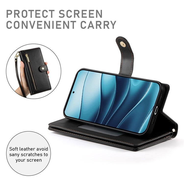 DF-011 For Xiaomi Redmi Note 14 5G / 14 4G Case Zipper Pocket Wallet Leather Phone Cover with Straps - Black