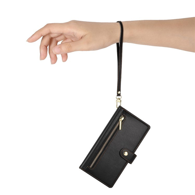 DF-011 For Xiaomi Redmi Note 14 5G / 14 4G Case Zipper Pocket Wallet Leather Phone Cover with Straps - Black