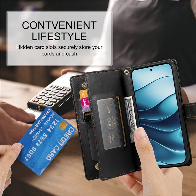 DF-011 For Xiaomi Redmi Note 14 5G / 14 4G Case Zipper Pocket Wallet Leather Phone Cover with Straps - Black